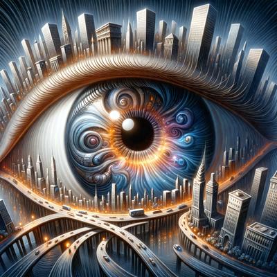 The primary subject of the image is a large, detailed eye with a cityscape in the background. The eye is prominently displayed, taking up a significant portion of the image. The setting is a futuristic city with tall buildings and a bridge. The visual style is a combination of digital art and illustration, creating a vibrant and intricate scene. The colors and mood of the image are predominantly blue and orange, giving it a dynamic and lively atmosphere.